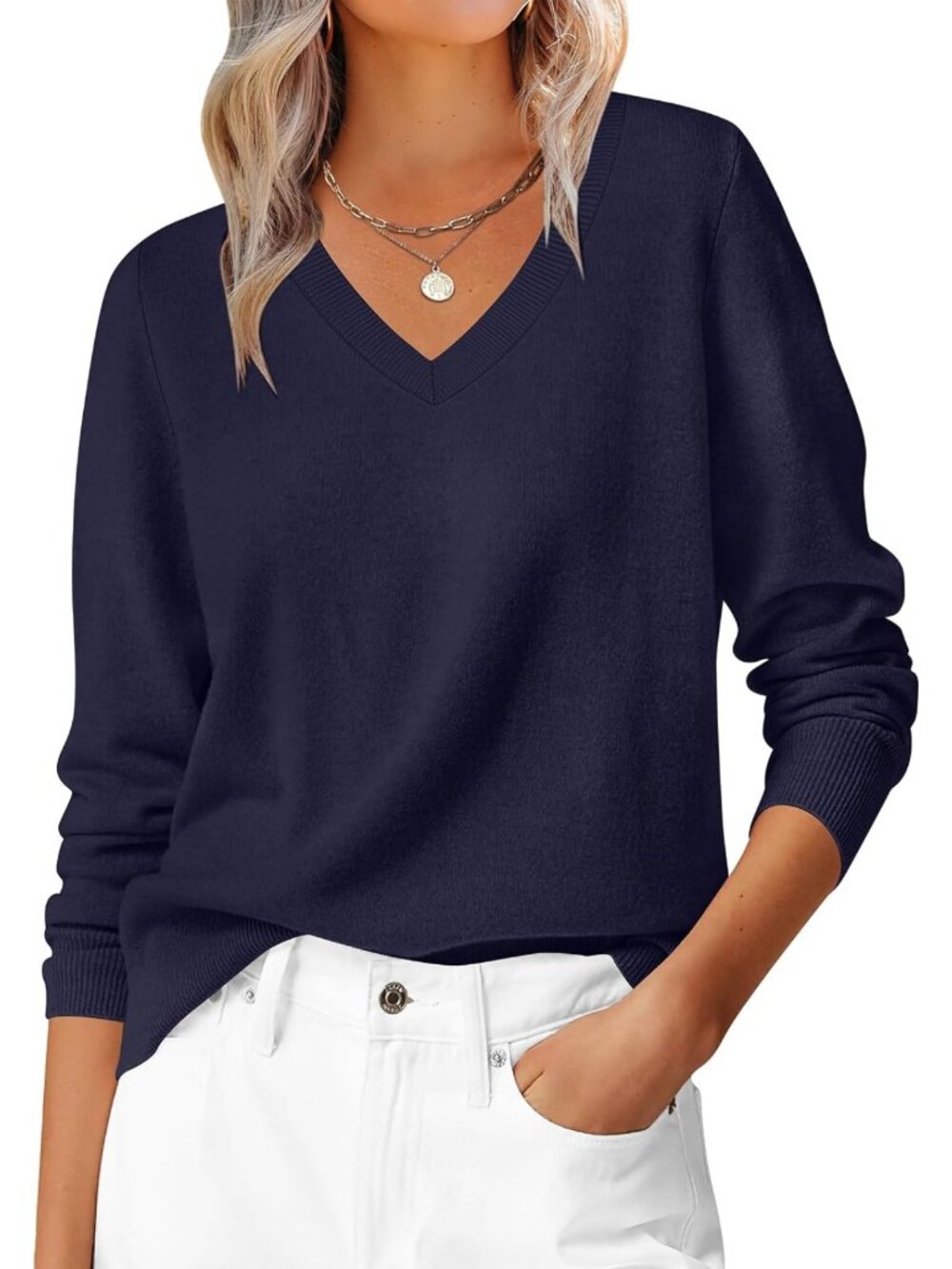 Cozy Women's Fall Long Sleeve V-Neck Lightweight Sweater Top - Perfect for